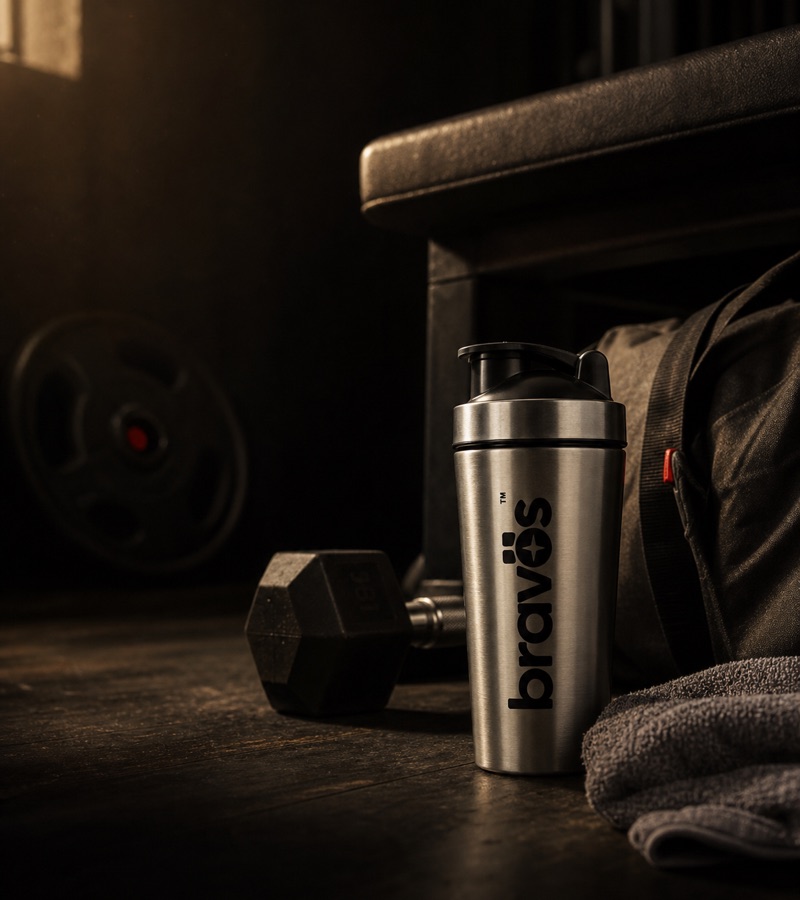 Premium fitness equipment in a training environment — Bravos steel shaker, dumbbells, and gym gear